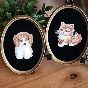 Vintage embroidered puppy and kitten wall art